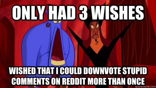 only had 3 wishes wished that i could downvote stupid comments on reddit more than once - only had 3 wishes wished that i could downvote stupid comments on reddit more than once  Wasted Wishes Genie