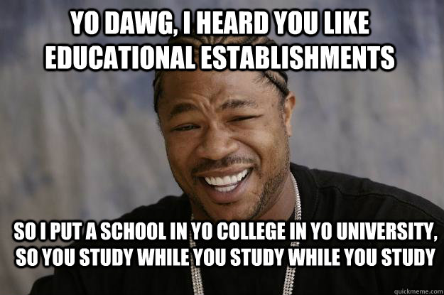 yo dawg, i heard you like educational establishments so i put a school in yo college in yo university, so you study while you study while you study  Xzibit