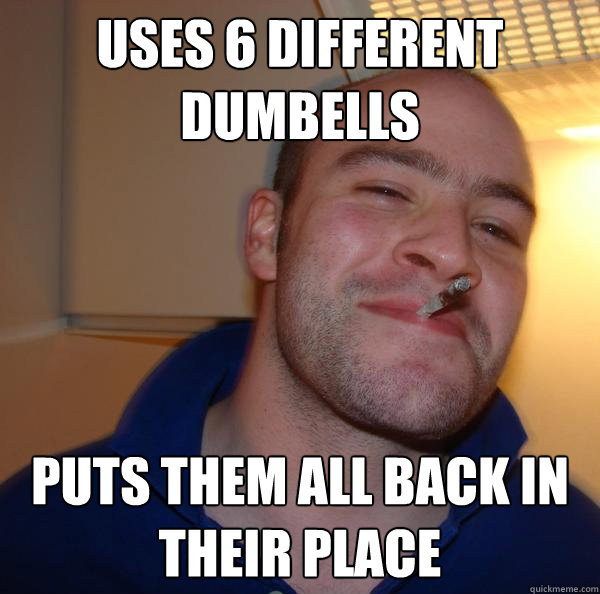 Uses 6 different dumbells puts them all back in their place - Uses 6 different dumbells puts them all back in their place  Misc