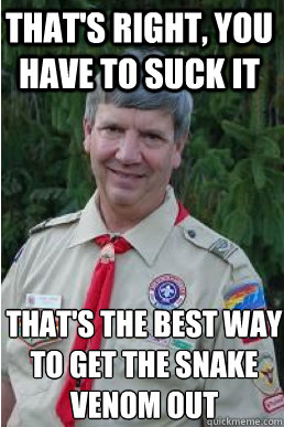 That's right, you have to suck it that's the best way to get the snake venom out  Harmless Scout Leader