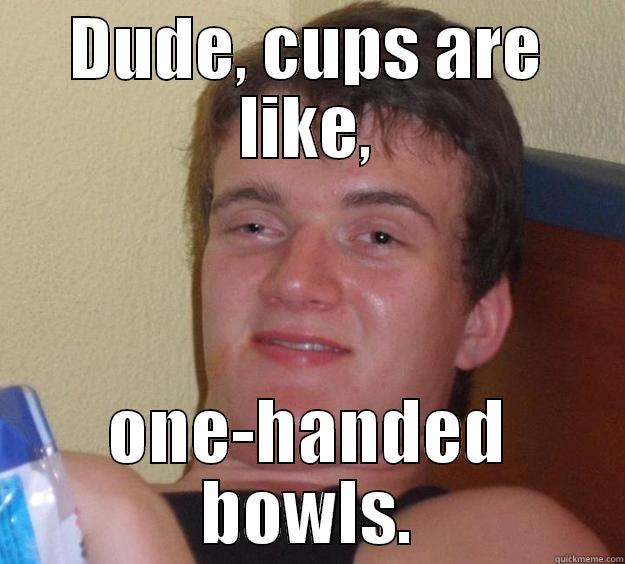 Dude, cups are like, one-handed bowls. - DUDE, CUPS ARE LIKE, ONE-HANDED BOWLS. 10 Guy