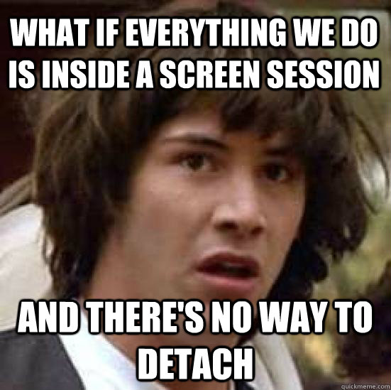 What if everything we do is inside a screen session and there's no way to detach  conspiracy keanu