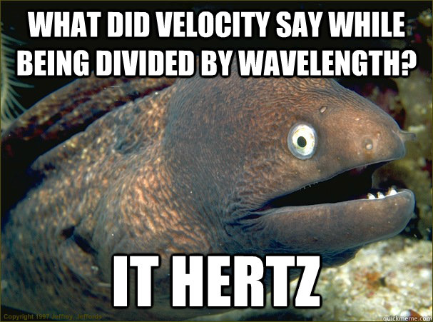 what did velocity say while being divided by wavelength? IT HERTZ  Bad Joke Eel