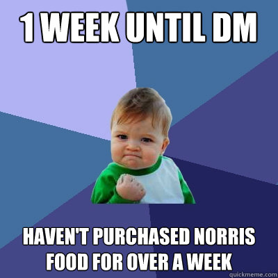 1 week until DM Haven't purchased Norris food for over a week - 1 week until DM Haven't purchased Norris food for over a week  Success Kid