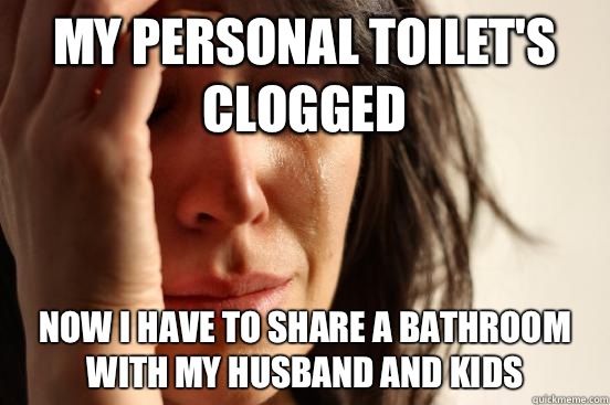 My personal toilet's clogged Now I have to share a bathroom with my husband and kids  First World Problems