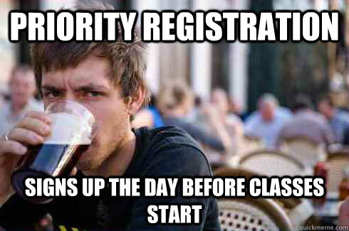 Priority registration Signs up the day before classes start  Lazy College Senior