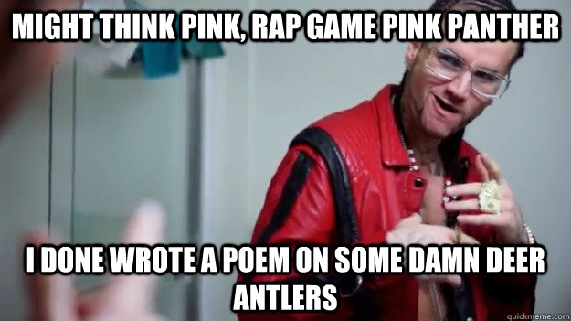 might think pink, rap game pink panther i done wrote a poem on some damn deer antlers  riff raff