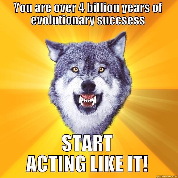 YOU ARE OVER 4 BILLION YEARS OF EVOLUTIONARY SUCCSESS START ACTING LIKE IT! Courage Wolf