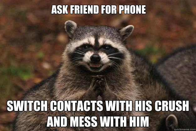 ask friend for phone switch contacts with his crush and mess with him  Evil Plotting Raccoon