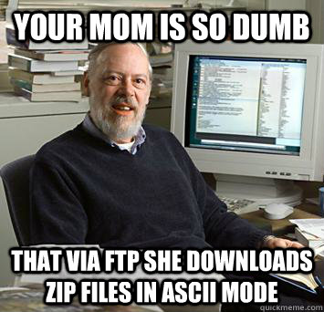 Your mom is so dumb that via ftp she downloads zip files in ascii mode  Comical Computer Scientist