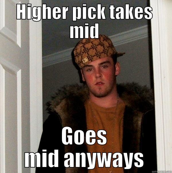 correct meme - HIGHER PICK TAKES MID GOES MID ANYWAYS Scumbag Steve