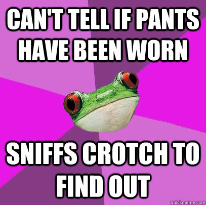 can't tell if pants have been worn sniffs crotch to find out  Foul Bachelorette Frog