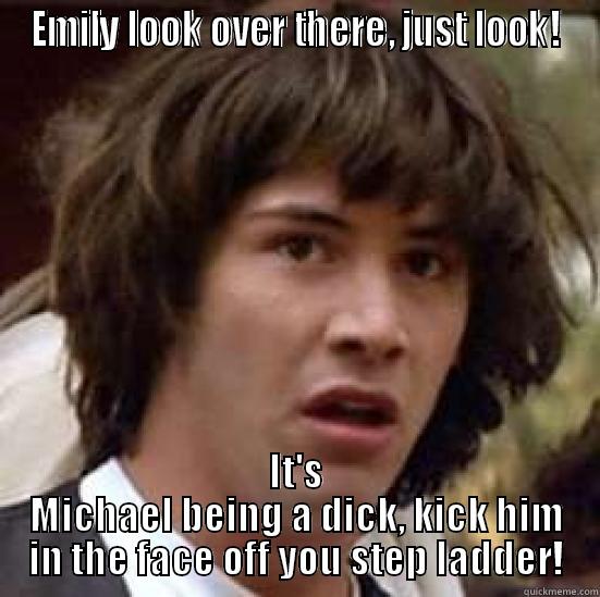 EMILY LOOK OVER THERE, JUST LOOK! IT'S MICHAEL BEING A DICK, KICK HIM IN THE FACE OFF YOU STEP LADDER! conspiracy keanu