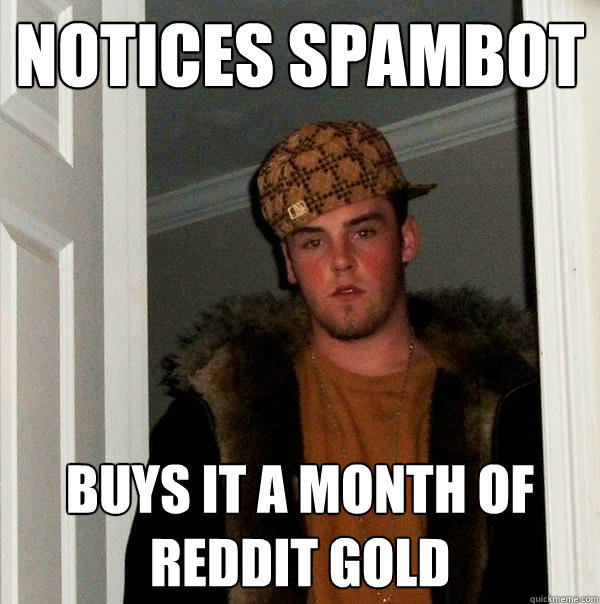 Notices spambot Buys it a month of Reddit gold  Scumbag Steve