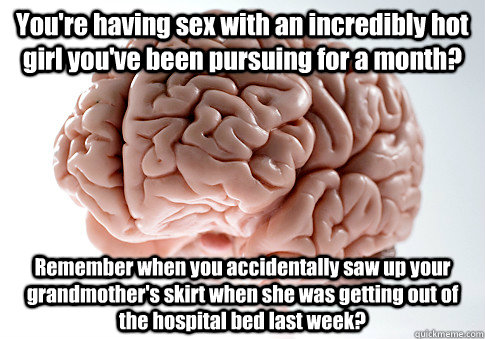 You're having sex with an incredibly hot girl you've been pursuing for a month? Remember when you accidentally saw up your grandmother's skirt when she was getting out of the hospital bed last week?  Scumbag Brain