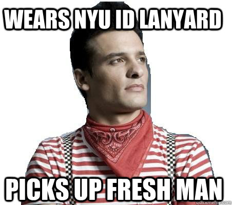 wears NYU id lanyard picks up fresh man   