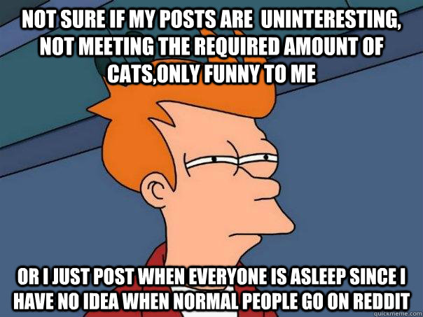 Not sure if my posts are  uninteresting, not meeting the required amount of cats,only funny to me OR I just post when everyone is asleep since i have no idea when normal people go on reddit - Not sure if my posts are  uninteresting, not meeting the required amount of cats,only funny to me OR I just post when everyone is asleep since i have no idea when normal people go on reddit  Futurama Fry