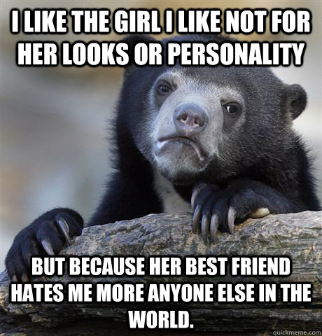 I like the girl I like not for her looks or personality But because her best friend hates me more Anyone else in the world.   Confession Bear