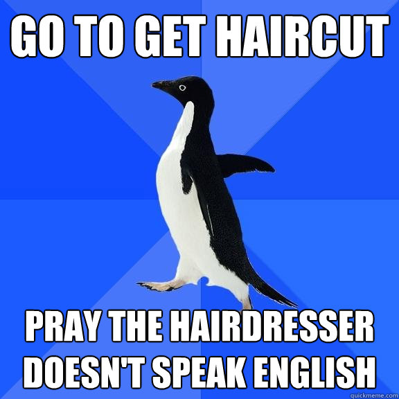 Go to get haircut Pray the hairdresser doesn't speak english  Socially Awkward Penguin