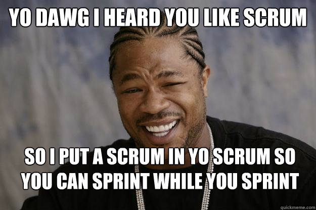 Yo dawg I heard you like Scrum So I put a Scrum in yo scrum so you can sprint while you sprint - Yo dawg I heard you like Scrum So I put a Scrum in yo scrum so you can sprint while you sprint  Xzibit meme 2