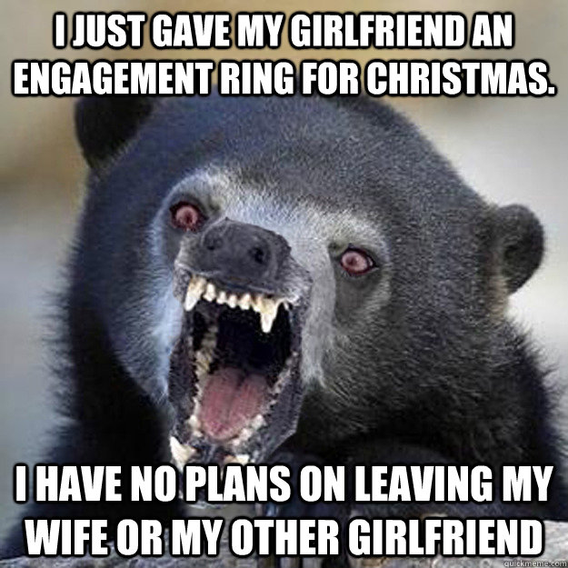 I just gave my girlfriend an engagement ring for Christmas. I have no plans on leaving my wife or my other girlfriend - I just gave my girlfriend an engagement ring for Christmas. I have no plans on leaving my wife or my other girlfriend  Insanity Confession Bear