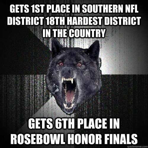 gets 1st place in southern nfl district 18th hardest district in the country  gets 6th place in rosebowl honor finals  Insanity Wolf