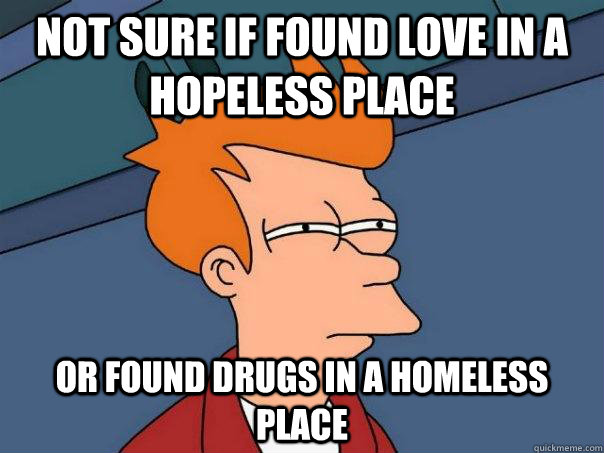 Not sure if found love in a hopeless place Or found drugs in a homeless place  Futurama Fry