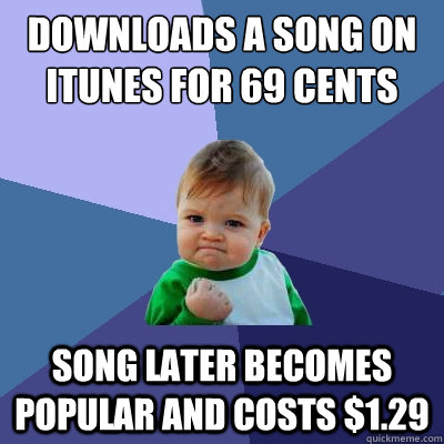 Downloads a song on iTunes for 69 cents Song later becomes popular and costs $1.29  Success Kid