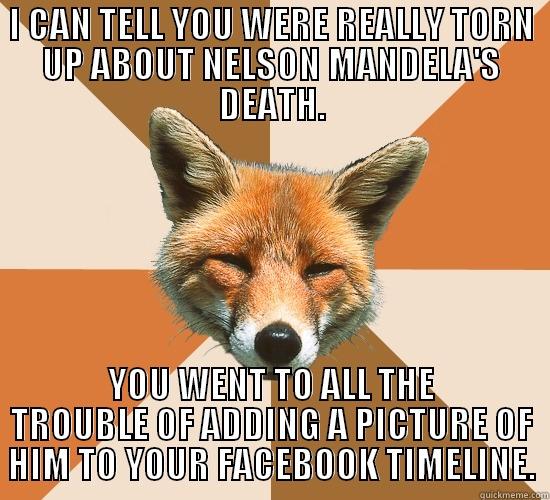 I CAN TELL YOU WERE REALLY TORN UP ABOUT NELSON MANDELA'S DEATH. YOU WENT TO ALL THE TROUBLE OF ADDING A PICTURE OF HIM TO YOUR FACEBOOK TIMELINE. Condescending Fox