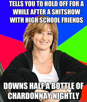 tells you to hold off for a while after a shitshow with high school friends downs half a bottle of chardonnay nightly  Sheltering Suburban Mom