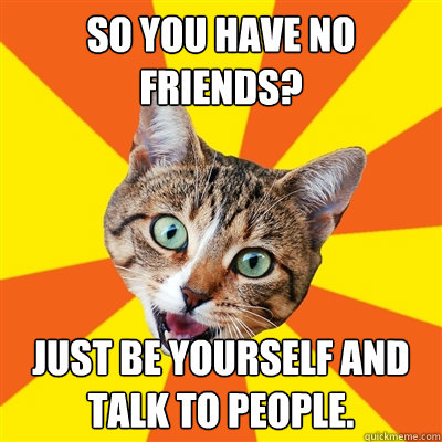 So you have no friends? Just be yourself and talk to people.  Bad Advice Cat