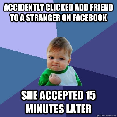 accidently clicked add friend to a stranger on Facebook she accepted 15 minutes later  Success Kid