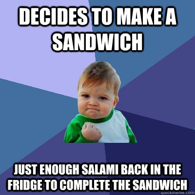 Decides to make a sandwich  just enough salami back in the fridge to complete the sandwich  Success Kid