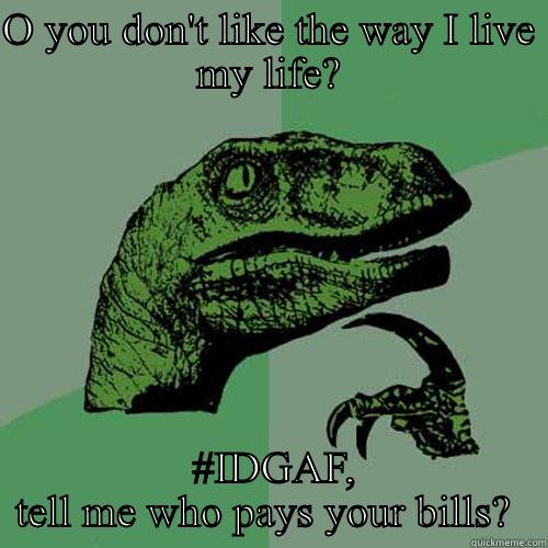 Judgemental People - O YOU DON'T LIKE THE WAY I LIVE MY LIFE?  #IDGAF, TELL ME WHO PAYS YOUR BILLS?  Philosoraptor