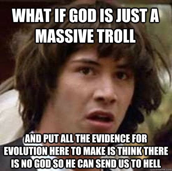 what if god is just a massive troll and put all the evidence for evolution here to make is think there is no god so he can send us to hell  conspiracy keanu