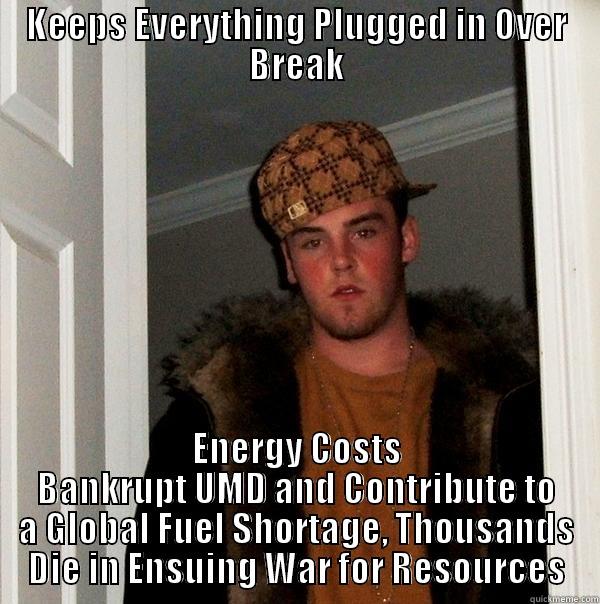 KEEPS EVERYTHING PLUGGED IN OVER BREAK ENERGY COSTS BANKRUPT UMD AND CONTRIBUTE TO A GLOBAL FUEL SHORTAGE, THOUSANDS DIE IN ENSUING WAR FOR RESOURCES Scumbag Steve