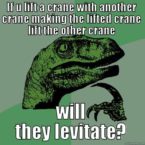 IF U LIFT A CRANE WITH ANOTHER CRANE MAKING THE LIFTED CRANE LIFT THE OTHER CRANE WILL THEY LEVITATE? Philosoraptor