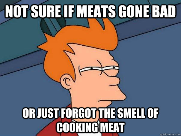 Not sure if meats gone bad or just forgot the smell of cooking meat - Not sure if meats gone bad or just forgot the smell of cooking meat  Futurama Fry