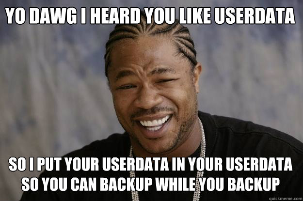 Yo dawg i heard you like userdata so i put your userdata in your userdata so you can backup while you backup  Xzibit meme