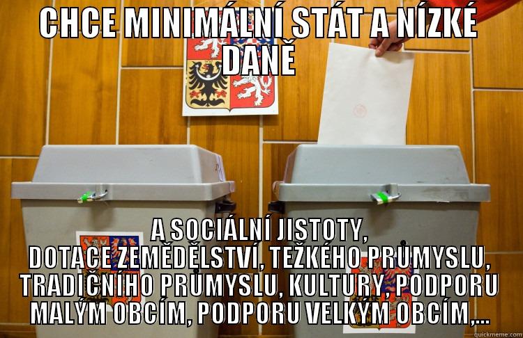 CHCE MINIMÁLNÍ STÁT A NÍZKÉ DANĚ A SOCIÁLNÍ JISTOTY, DOTACE ZEMĚDĚLSTVÍ, TEŽKÉHO PRŮMYSLU, TRADIČNÍHO PRŮMYSLU, KULTURY, PODPORU MALÝM OBCÍM, PODPORU VELKÝM OBCÍM,... Misc