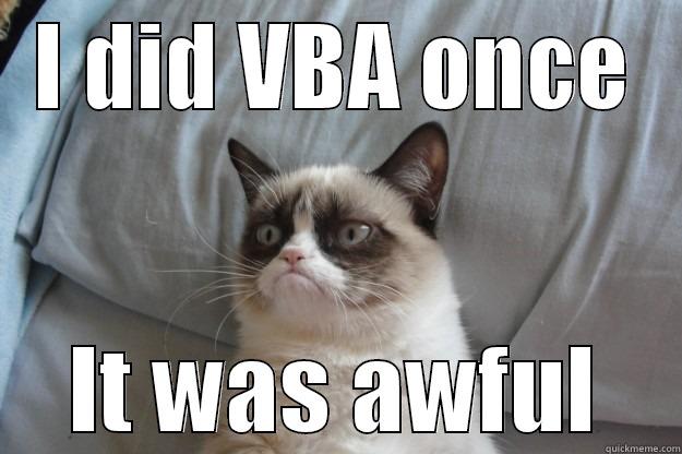 Good Old VBA Coding, jk - I DID VBA ONCE IT WAS AWFUL Grumpy Cat