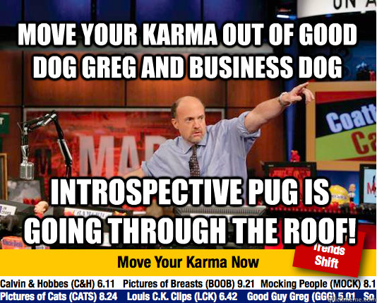 Move your karma out of good dog greg and business dog Introspective pug is going through the roof!  Mad Karma with Jim Cramer