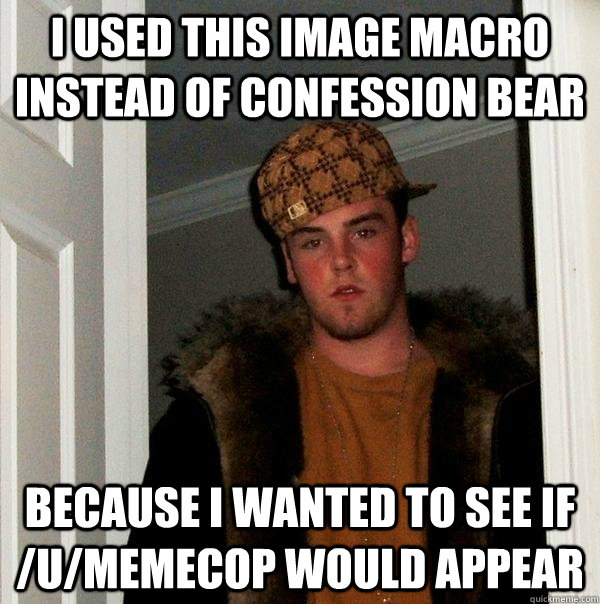 I used this image macro instead of confession bear Because I wanted to see if /u/MemeCop would appear  Scumbag Steve