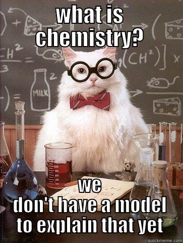 chem meme - WHAT IS CHEMISTRY? WE DON'T HAVE A MODEL TO EXPLAIN THAT YET Chemistry Cat