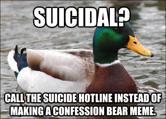 Suicidal? Call the suicide hotline instead of making a confession bear meme. - Suicidal? Call the suicide hotline instead of making a confession bear meme.  Actual Advice Mallard