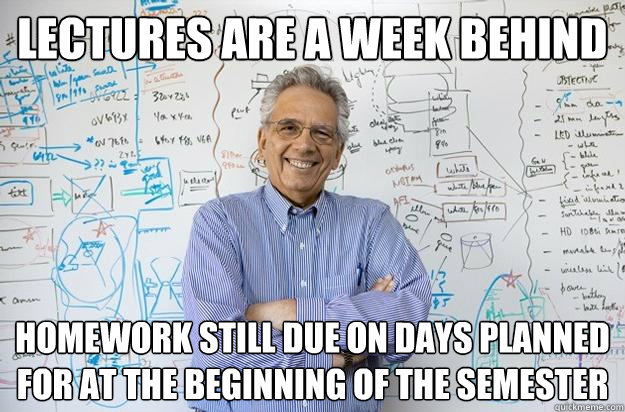 lectures are a week behind homework still due on days planned for at the beginning of the semester  Engineering Professor