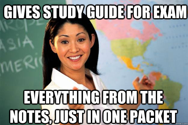 Gives study guide for exam everything from the notes, just in one packet  Unhelpful High School Teacher