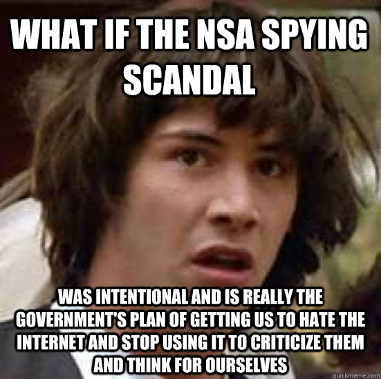 what if the nsa spying scandal was intentional and is really the government's plan of getting us to hate the internet and stop using it to criticize them and think for ourselves  conspiracy keanu