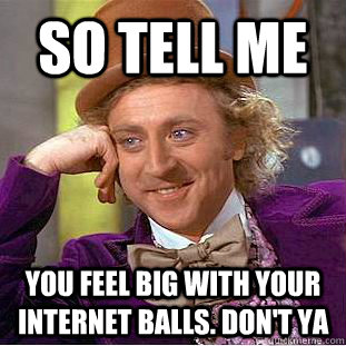 So tell me  You feel big with your internet balls. Don't ya  Condescending Wonka