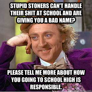 Stupid stoners can't handle their shit at school and are giving you a bad name? please tell me more about how you going to school high is responsible.   Condescending Wonka